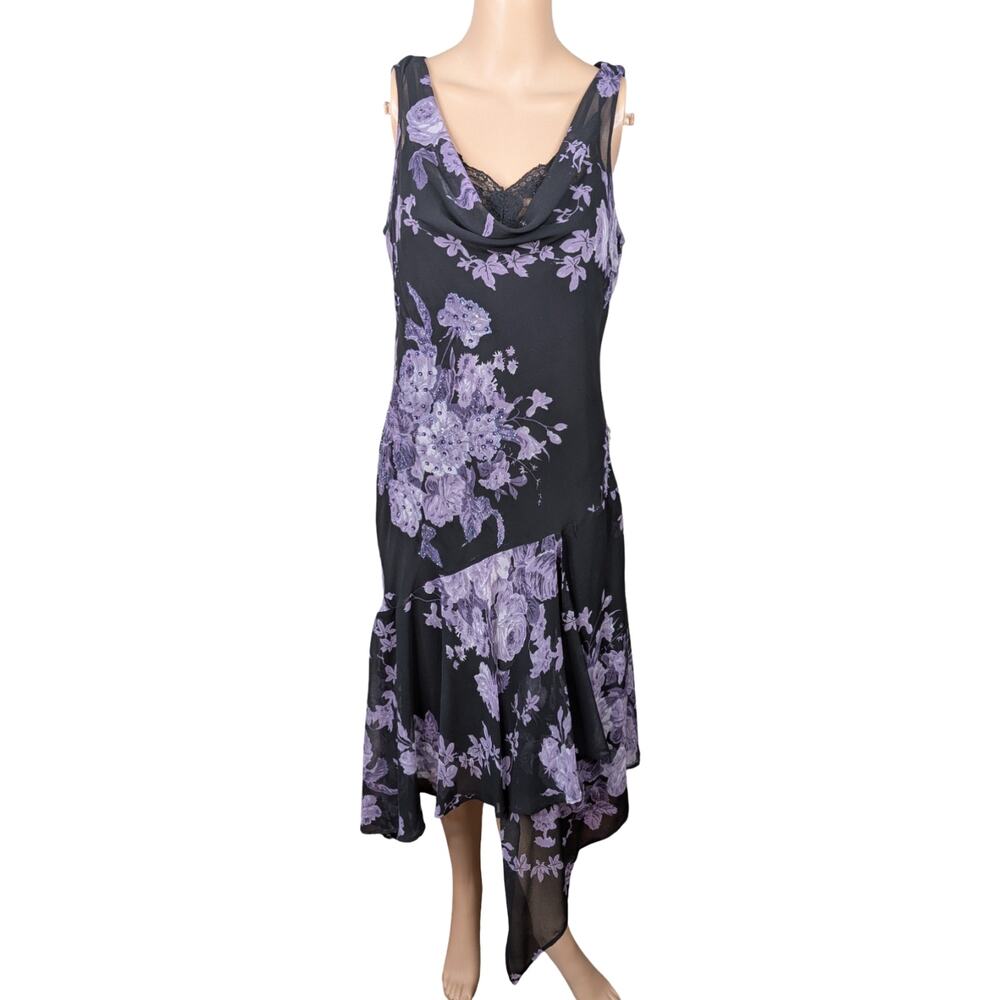Vtg Y2K Dressbarn Black Purple Floral Asymmetric Bias Cut Fairycore Slip Dress M